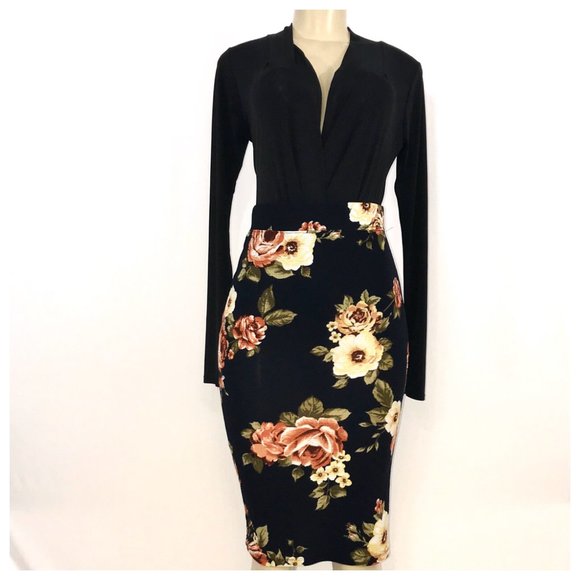 iris Dresses & Skirts - Black and Tan Floral Midi Skirt Small